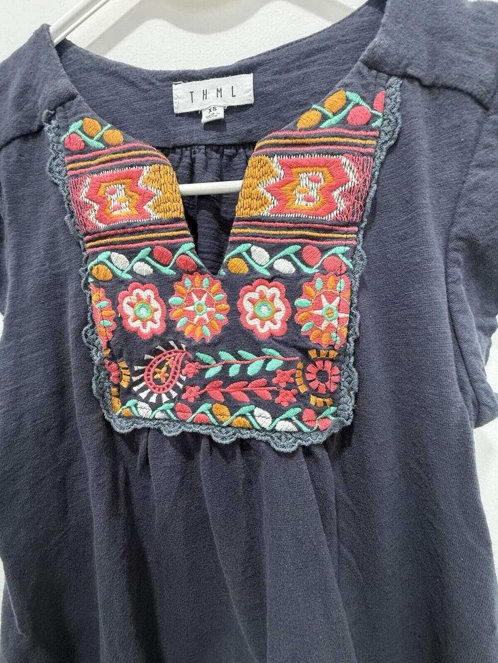 THML Women’s Top Embroidered Boho Blouse Flutter Sleeve Peasant XS - Picture 4 of 9